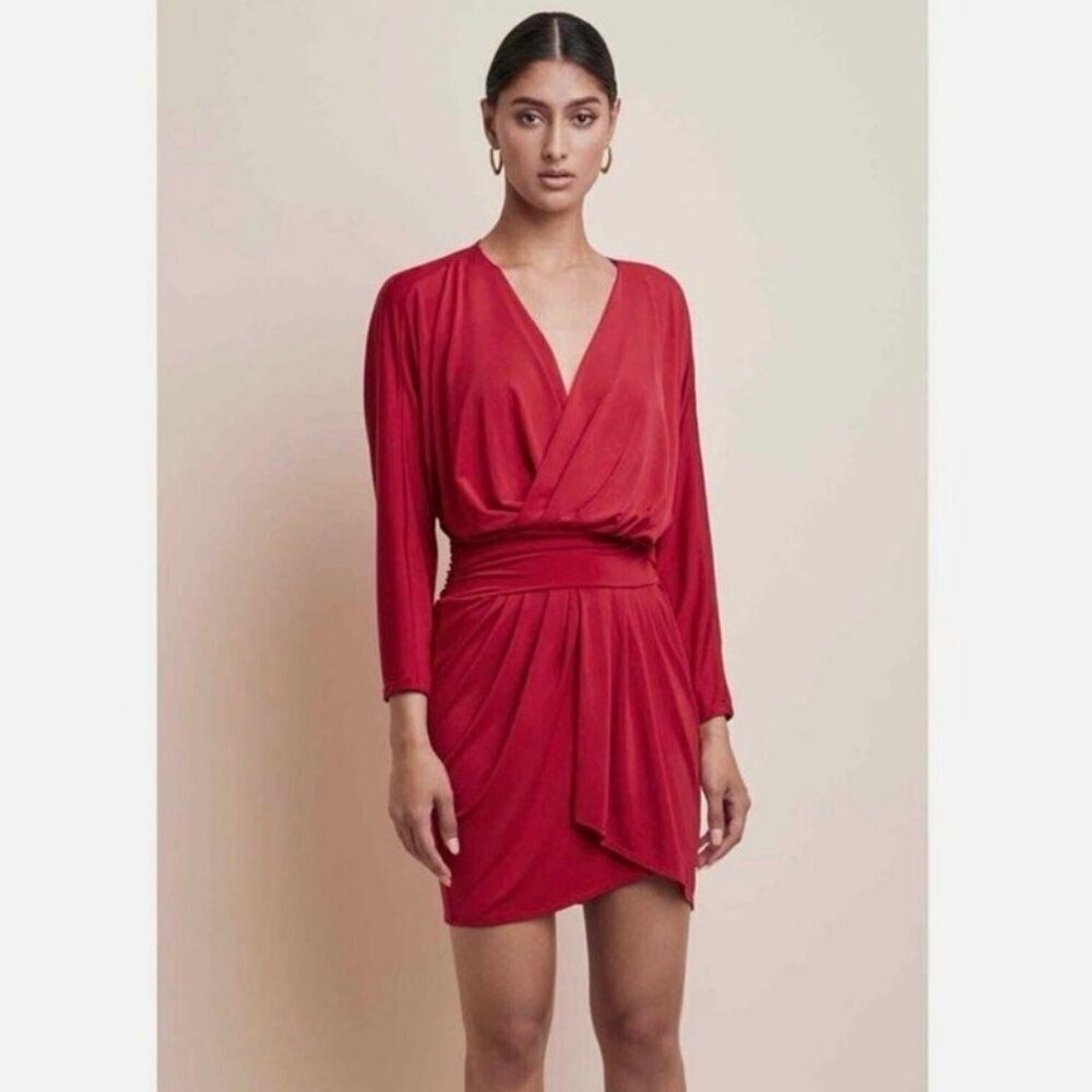 NWT REVOLVE Krisa Red Draped Wrap Long Sleeve Mini Dress Small